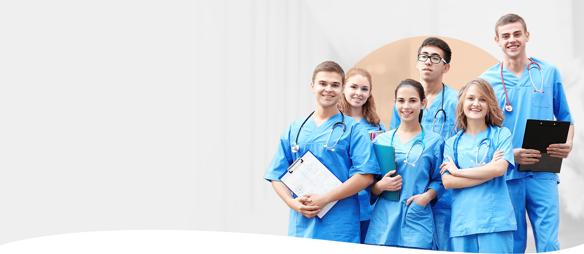 Medical students wearing scrubs collaborate as a team, highlighting Academia Resources' vet resources for the healthcare.